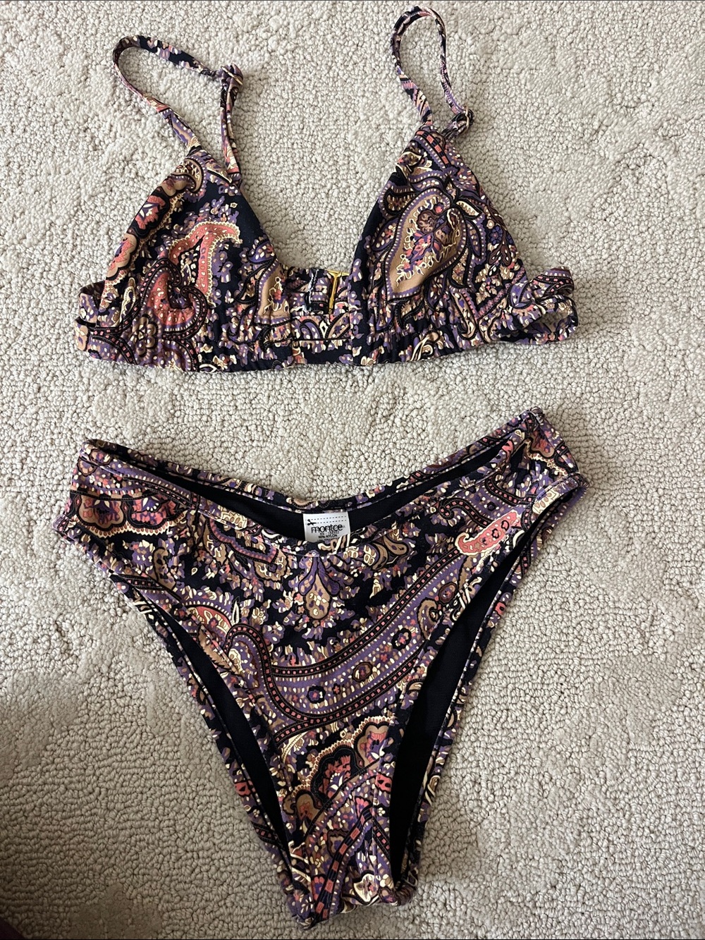 Paisley Print bikini top & High-Cut Bikini Set - Black/Multi